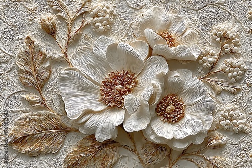 Modern interior embossed floral plaster artwork high resolution picture