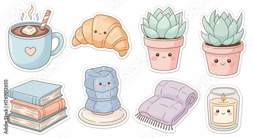 Kawaii style illustration featuring a hot chocolate, croissant, succulents, books, coffee maker, blanket, and candle.