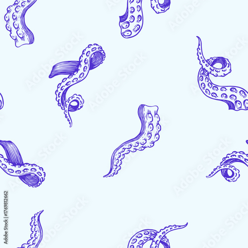 Octopus tentacles. Engraved seamless pattern hand drawn in old sketch, vintage creature. Nautical or marine, monster. Animal in the ocean. Template for logos, labels and emblems.
