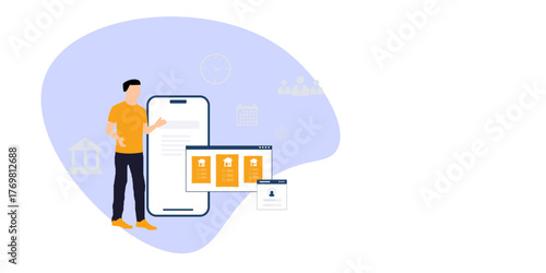 vector illustration of a man holding a mobile phone with document file protection concept