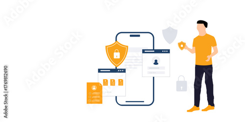 vector illustration of a man holding a mobile phone with document file protection concept