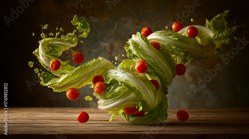 Lettuce leaves and cherry tomatoes swirling magically over a wooden table