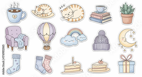 Cozy Cute Stickers  Cats, Cake, and Comforting Things