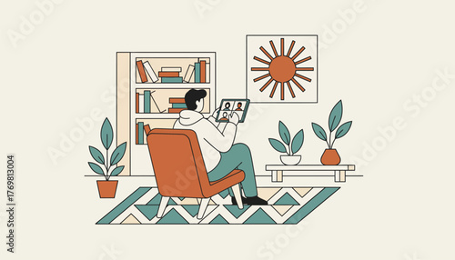 An individual participating in a virtual meeting via video call in a unique and artistic hostel common area surrounded by inspiring decor.