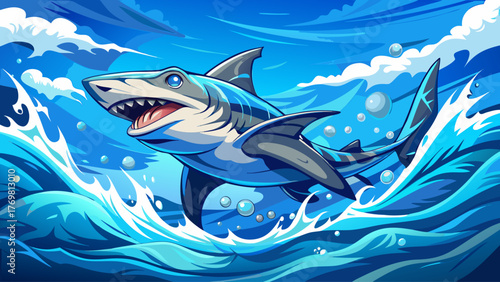 Vector of a hammerhead shark emerging from ocean surface, detailed water splash, bright natural light, calm blue horizon, realistic marine wildlife, powerful underwater predator scene