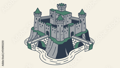 An imposing fortress overlooking a river with thick stone walls turrets and drawbridges embodying centuries of history and tales of bravery.