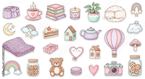 A charming collection of cute and cozy hygge lifestyle elements, including a cat, books, and tea, drawn in a soft pastel doodle style