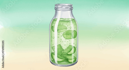 A vibrant illustration of a refreshing glass bottle filled with cucumber and mint infused water, a healthy summer detox beverage
