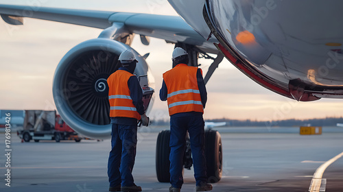 Aircraft maintenance team performs inspection near engine and landing gear. Crew in safety gear examines plane on tarmac for pre-flight readiness and safety.