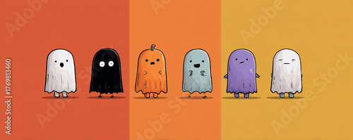 Cute halloween ghosts and pumpkin characters standing on colorful background