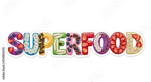 Creative typography spelling SUPERFOOD with letters designed as healthy fruit smoothie bowls.