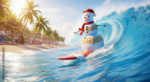 A festive snowman surfing the waves at a tropical beach during Christmas time.