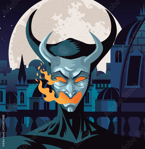 face of spring heeled jack mask spitting fire on victorian rooftops