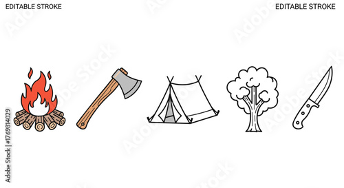 Vibrant and versatile collection of editable stroke icons depicting essential camping and outdoor adventure elements: a roaring bonfire, a sharp axe, a sturdy tent, a leafy tree, and a practical