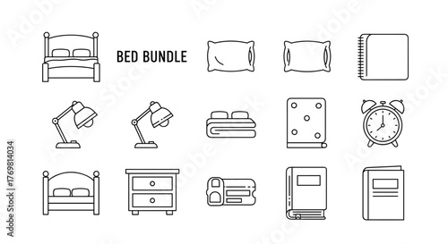 A collection of thin, editable stroke icons depicting various furniture and office items, including a bed, nightstand, desk, lamp, and notebook, presented on a clean white background, ideal for web