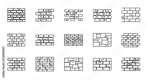 Collection of simple brick wall icons with editable stroke, perfect for infographics, articles, books, flyers, and banners. Vector cartoon illustrations showcasing various brick patterns and