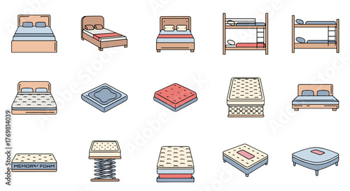 Collection of thin, flat vector icons representing various beds and mattresses, including bunk beds, memory foam mattresses, and spring mattresses, perfect for web, books, cards, and apps, presented