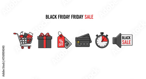 Black Friday Sale Vector Icons: A collection of stylized icons representing shopping cart, gift box, discount tags, credit cards, stopwatch, and a speaker announcing the sale, perfect for promotional
