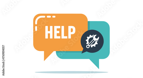 Helpful concept with speech bubbles and tools icon, representing support, assistance, and technical solutions. The orange bubble displays the word "HELP" in bold letters, while the teal bubble