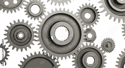 Close-up view of interlocking metallic gears against a stark black background, symbolizing industry, mechanics, teamwork, and the intricate workings of machinery and complex systems in a visually