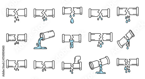 Set of stylized water drops and leaks, including a broken pipe illustration, presented as outline icons. This collection is ideal for graphic design, web development, app interfaces, advertisements