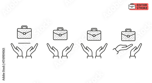 Collection of four simple linear outline icons depicting briefcases hovering above open hands, symbolizing business, investment, and care, perfect for web, books, cards, and apps, with editable