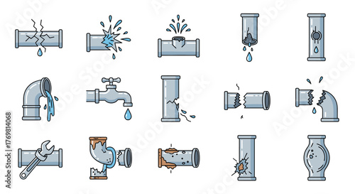 Collection of cartoon vector illustrations depicting various types of broken pipes, leaks, and plumbing issues, presented on a clean black background, ideal for design projects, books, adverts, and