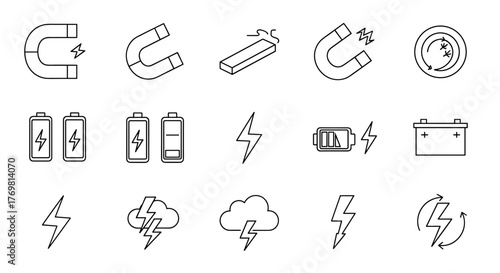 Bundle of Magnet, Battery, and Lightning Related Line Icons: A collection of outline signs for graphic and web design, apps, adverts, various cards, and vector cartoon illustrations, representing