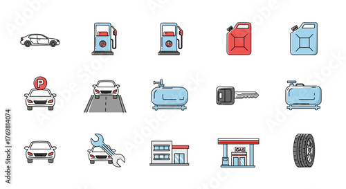 Set of thin line icons representing cars, gas stations, roads, and related automotive elements, perfect for graphic and web design, apps, adverts, and various cards. This vector cartoon illustration