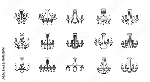 Collection of minimalistic line art chandeliers, rendered in white on a black background, perfect for web and graphic design, apps, banners, social networks, and cards. This vector cartoon