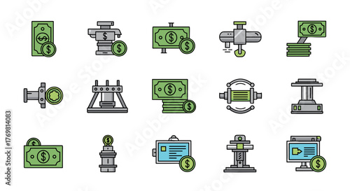Vibrant Collection of Cash and Money Line Icons, Featuring Dollar Bills and Coins, Perfect for Infographics, Articles, Books, Flyers, and Banners. Editable Stroke Vector Cartoon Illustrations