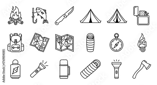 Collection of outline vector icons for camping and outdoor activities, isolated on a black background. Includes bonfire, fish on hook, folding knife, tent, lighter, backpack, maps, sleeping bag