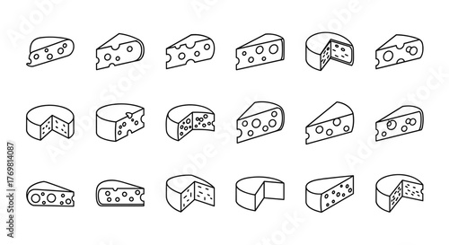 Collection of various cheese types in outline style, presented as isometric vector illustrations on a clean white background, perfect for graphic design, web applications, advertisements, and diverse