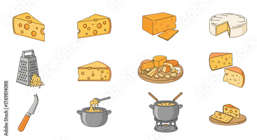 A delightful collection of cheese-related icons and illustrations, featuring various types of cheese, a cheese grater with shredded cheese, a cheese knife, and fondue pots, perfect for culinary