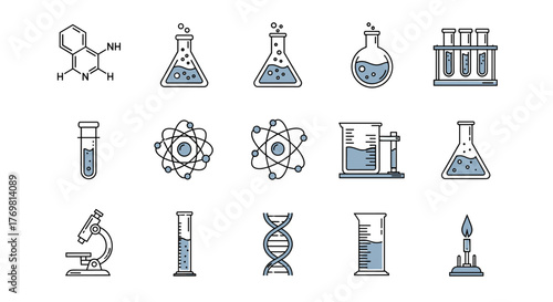 Modern Line Icon Collection for Chemistry and Science: Featuring Chemical Compounds, Laboratory Glassware, Atomic Structures, DNA, Microscopes, and Bunsen Burners, Ideal for Web Design, Apps, and