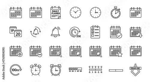 Collection of Calendar and Time-Related Outline Icons: A comprehensive set of vector graphics featuring calendars, daily planners, clocks, stopwatches, alarms, and notification bells, perfect for web
