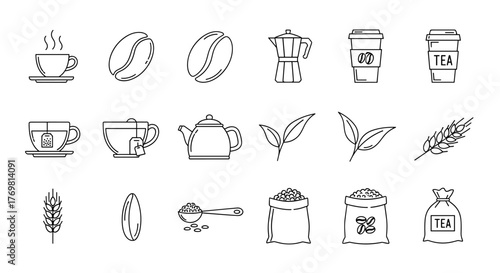 A collection of linear illustrations depicting coffee and tea-related elements, including cups, coffee beans, a moka pot, teapots, tea leaves, a scoop of coffee, and bags of coffee and tea, all