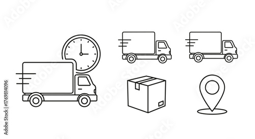 Set of five line icons representing delivery and logistics services, including a clock overlaying a truck, two trucks in profile, a shipping box, and a location pin, perfect for web, print, and app