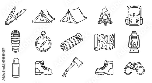Collection of Camping-Related Line Icons, Featuring a Folding Knife, Tents, Campfire, Backpack, Sleeping Bag, Compass, Rolled Sleeping Mat, Map, Lantern, Thermos, Hiking Boots, Axe, and Binoculars