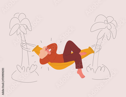 Vector illustration of woman lying in hammock dreaming, leisure and relaxation concept.