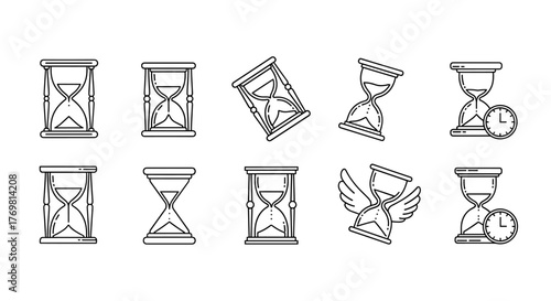 Collection of simple linear outline hourglass icons, editable stroke, suitable for web sites, books, cards, apps, vector cartoon illustration with a white background, representing time, measurement