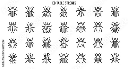 Collection of diverse insect line art icons with editable strokes, perfect for infographics, articles, books, flyers, and banners, presented as a vector cartoon illustration on a black background