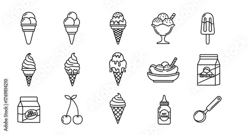 Collection of stylized ice cream icons for various design applications, including UI elements, placards, books, and apps. This editable stroke vector cartoon illustration is suitable for websites