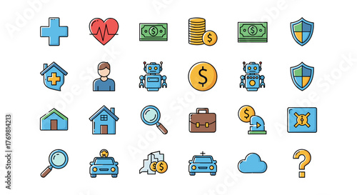 Insurance and Finance Icon Set: A vibrant collection of vector cartoon illustrations featuring health, money, robots, houses, cars, and security shields, perfect for apps, graphics, and conceptual