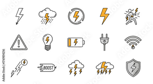 Collection of 15 lightning-related icons, including a warning sign, lightbulb, battery, plug, Wi-Fi symbol, storm clouds, and a person being struck by lightning, all rendered in a clean, modern