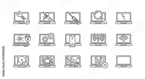 Collection of minimalistic outline icons representing laptop repair, maintenance, and connectivity, ideal for web design, graphic applications, social media, and digital presentations. Includes tools
