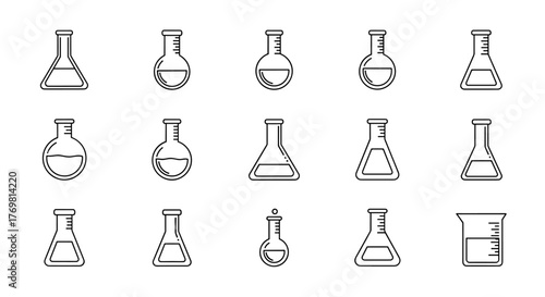 Collection of minimalistic linear pictograms representing various laboratory flasks and beakers, ideal for web design, graphic applications, banners, social networks, and card designs, presented as a