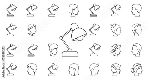 Set of outline icons depicting desk lamps in various positions and styles, perfect for graphic design, web design, app development, advertisements, and creating unique cards. This vector cartoon