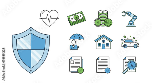 Collection of simple linear insurance icons, including a shield, heartbeat, money stack, coins, robot arm, person under umbrella, house, car, and documents with checkmarks and magnifying glass