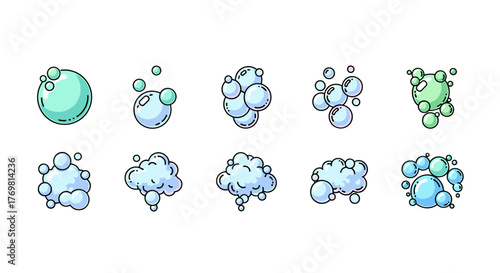 Collection of ten different cartoon-style bubble and foam illustrations, featuring various sizes and arrangements of spheres in shades of blue, green, and white, perfect for graphic design, app